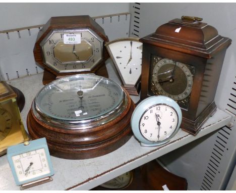 A reproduction bracket clock; other vintage clocks; a barometer