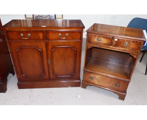 A period style mahogany side cabinet with 2 drawers and double cupboard; a similar cabinet with open shelf