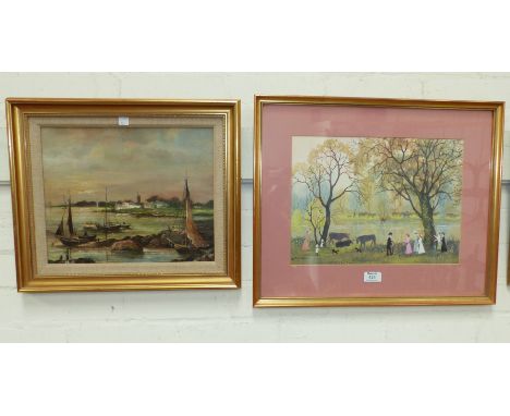 Helen Bradley:  Miss Carter and others by a lake, print signed in biro by the artist, framed and glazed; 2 Helen Bradley book