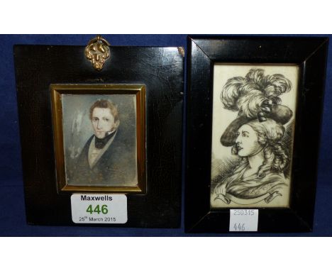 A 19th century miniature portrait of a gentleman, ebonised frame; and another miniature