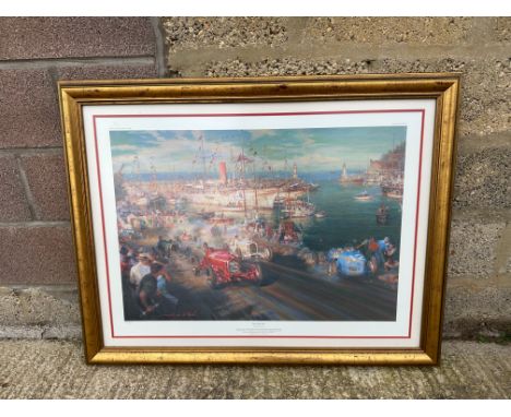 A large framed and glazed coloured limited edition print by Alfredo De La Maria, titled 'Monaco Meets Monza' showing an evoca