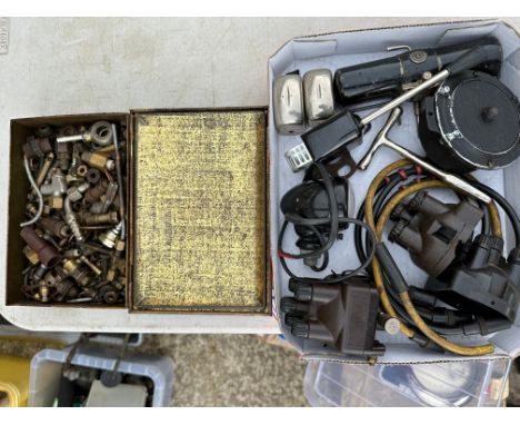 A tray of good Austin 7 parts including horn, wiper motor, distributor caps etc. plus a tin of brass fuel unions and fittings