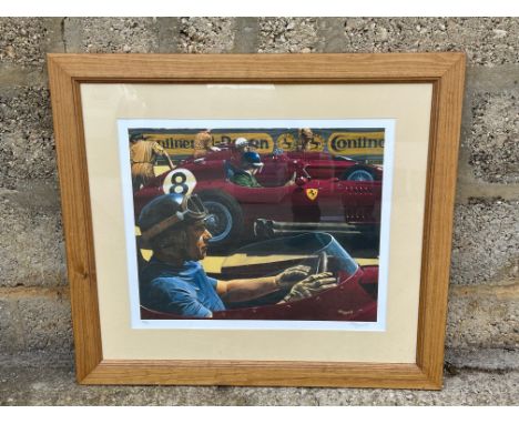 A framed and glazed limited edition coloured print of Fangio, showing four drivers abreast at the start of a race, signed in 