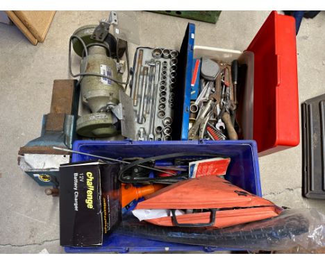 A selection of workshop tools including spanners, vice, etc.