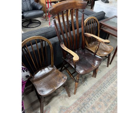 A Victorian elm and beech lathe back Windsor armchair, width 56cm, depth 47cm, height 114cm together with two Victorian Winds