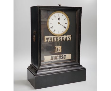 A 19th century ebonised mantel clock combined perpetual calendar, 44cm tall