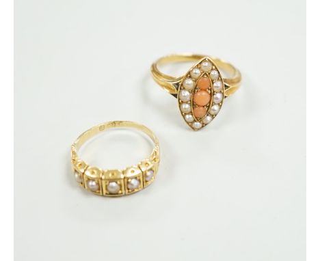 A late Victorian yellow metal, split pearl and coral set marquise shaped ring, size L and a similar yellow metal and split pe