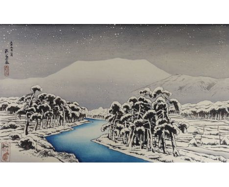 Hashiguchi Goyo (1880-1921), woodblock print, Snowy River, 1920, unframed, 53cm x 38cm