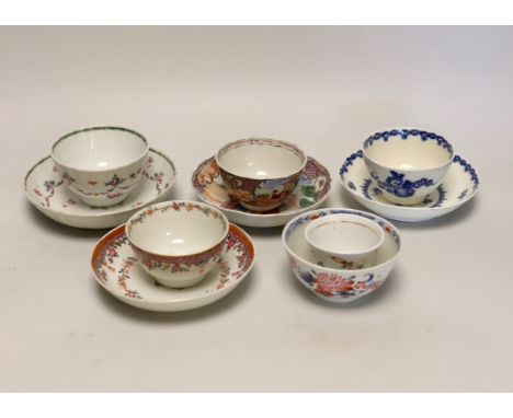 Three 18th century Chinese famille rose tea bowls and matching saucers, a Caughley teabowl and saucer and a single tea bowl a