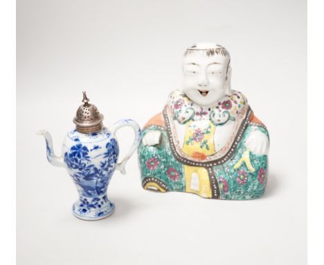 A 19th century Chinese famille enamelled porcelain figure of Budai, 17cm high and a Chinese Kangxi period blue and white smal