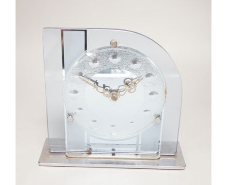 An Art Deco chrome and decorative glass mantel clock, 21cm high