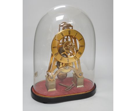 Simmons of London. A brass single fusee skeleton clock under dome, 38cm tall
