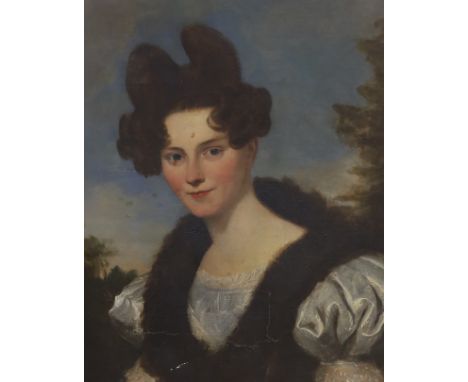 Victorian School, oil on canvas, Head and shoulders portrait of a lady wearing 1830's dress before a landscape, 60 x 50cm (a.