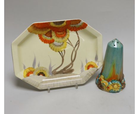 A Clarice Cliff 'My garden' sugar sifter and a Clarice Cliff Rhodanthe dish, 25cm