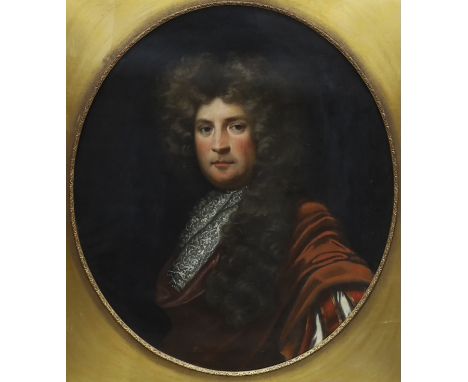English School, oil on canvas, Portrait of an early 18th century gentleman wearing a wig and lace cravat, oval, 73 x 62cm, gi