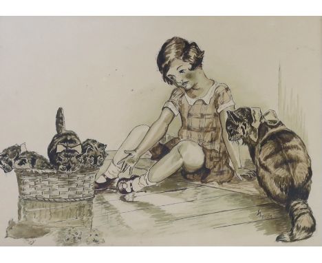 Art Deco heightened monochrome watercolour, Young girl with cats, monogrammed SHE and dated ‘29, 36 x 26cm