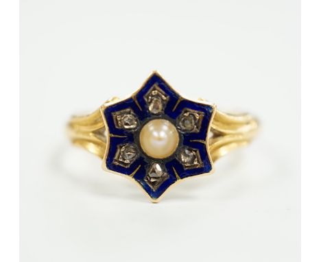 A Victorian 18ct gold, enamel, rose cut diamonds and split pearl set ring, size L, gross weight 2.9 grams.
