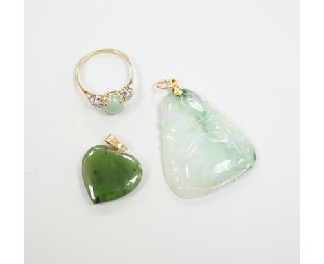 Two mounted jade pendants, including heart shaped nephrite and a 9ct gold, simulated jade and diamond chip set ring.