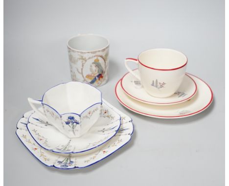 A Shelley Art Deco Blue Iris Queen Anne shape teaset and a Crown Devon cup, saucer, side plate and jug