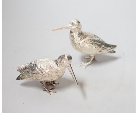 A pair of Elizabeth II silver model free-standing woodcocks, BSE Products, London, 2017, tallest 75mm, 10.5oz.