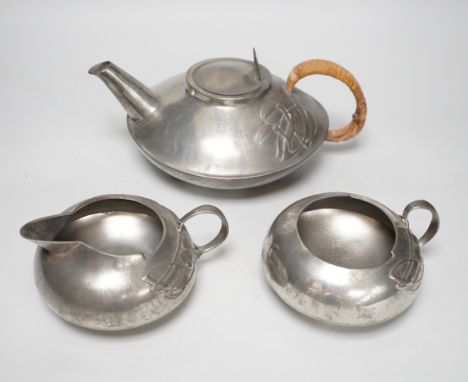 Art Nouveau Archibald Knox for Liberty, Tudric pewter three piece tea set, the teapot with woven handle, each stamped 0231 to