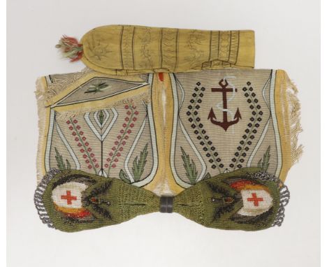 An 18th century American leather misers purse dated 1795, an unused finely woven tapestry, an early 19th century bead worked 