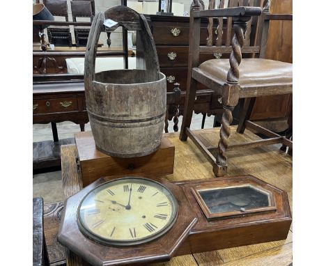 A Chinese staved wood rice bucket, height 56cm, an American drop dial wall clock and a Victorian mahogany stationary box