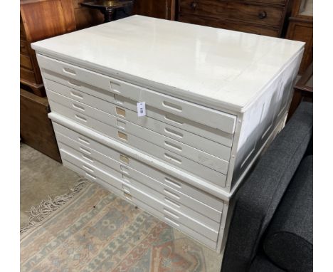 A Papworth Industries painted two part architects plan chest, dated March 1958 with stamped E R monogram, width 122cm, depth 