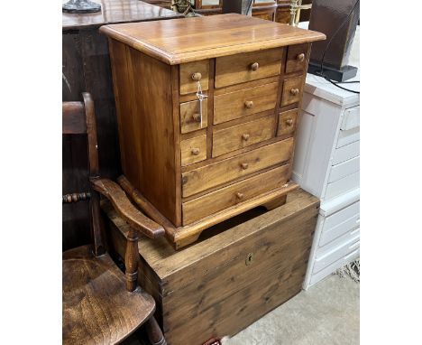 A small Victorian pine trunk, width 66cm, depth 44cm, height 47cm and a modern hardwood drawer unit