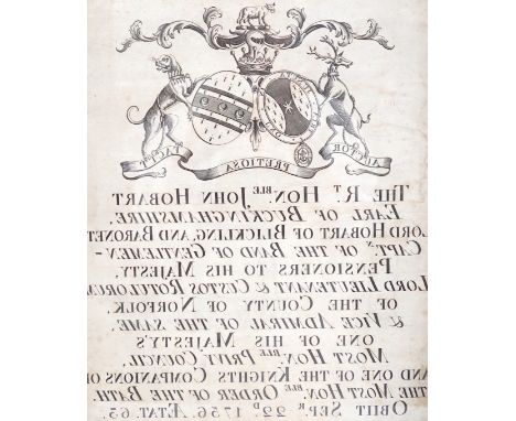 An 18th century reverse printed coats of arms for the art. Honble. John Hobart, Earl of Buckinghamshire, obit. 1756, for view