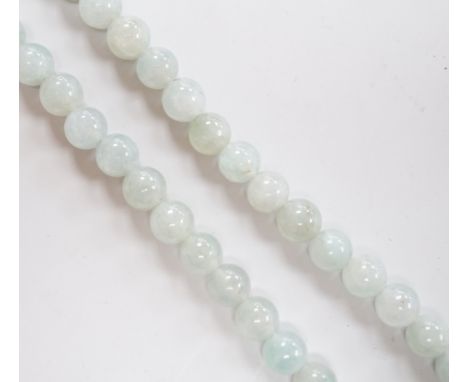 A single strand jadeite bead necklace, with 18k clasp, 43cm, gross weight 58.7 grams, with accompanying Gem &amp; Pearl Labor