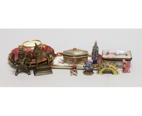 A 19th century enamel box, a Limoges pin tray and two miniature plates etc
