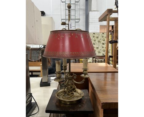 A gilt metal three branch table lamp with toleware shade, a mahogany pedestal and a wall bracket