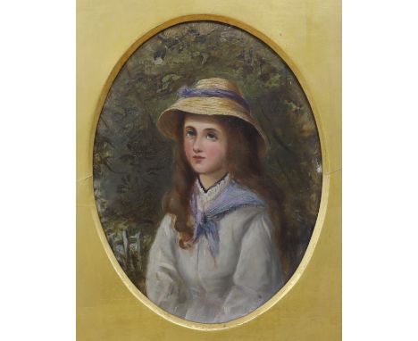 Early 20th century English School, oil on board, Half length portrait of a young lady wearing a bonnet, indistinctly signed, 