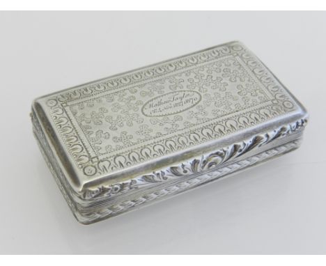 A silver vinaigrette / trinket box, Sheffield 1822, rectangular with an oval vignette engraved 'Matthew Taylor, 4th Nov, 1827