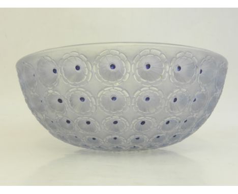 R. Lalique, France. A blue frosted glass bowl, of frogspawn design. H: 10cm D: 26cm