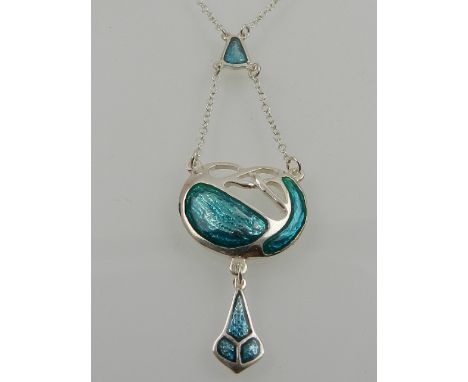 A silver and enamel drop pendant necklace, in the Art Nouveau taste. 