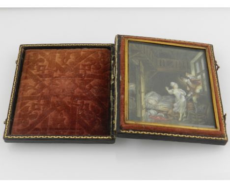 A 19th century miniature oil portrait, interior scene, depicting a pair of secretive lovers, contained within a velvet lined 