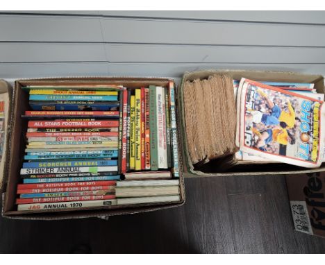 Two boxes of 1960's and later football related annuals and comics including The Hotspur Book for Boys, Shoot etc approx 150