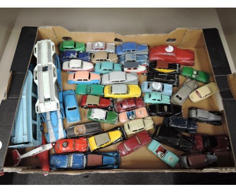 A box of 1950's Dinky, Corgi, Cresent and similar diecasts including Car Transporters, Saloon cars, sports cars etc, approx 4