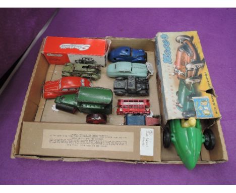 A box of mid 20th century and later Schuco and similar tin plate, plastic and diecast cars and steam roller and boat, some bo