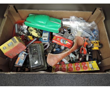 A box of 1950's and later tin plate and diecast toys