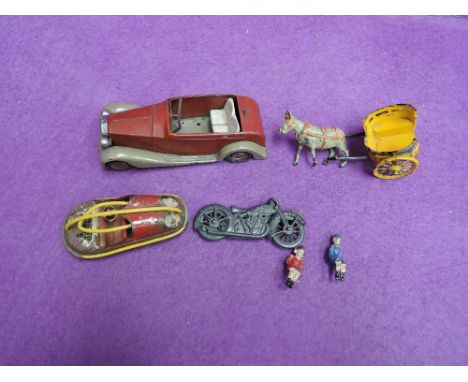 A Charbens lead horse and cart with two figures, a Hill & Co lead motorcycle, Triang Minic tin plate saloon car and a similar