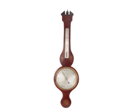 A 19TH CENTURY MAHOGANY WHEEL BAROMETER the silvered dial inscribed  "D Poncia Warranted", below a thermometer, in a mahogany