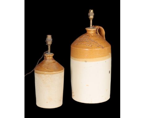 TWO STONEWARE JUGS both later converted to lamp bases, the taller, impressed 'Worcester', 41cm high, the other 28cm high (bot