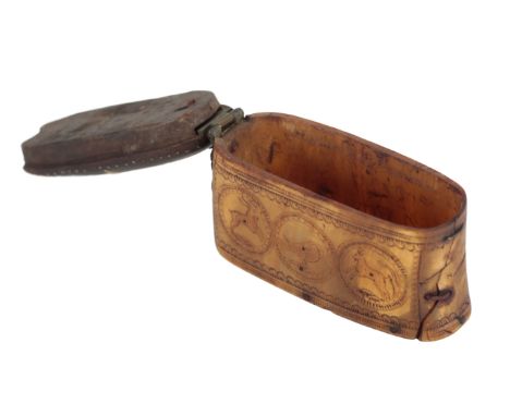 AN 18TH CENTURY CONTINENTAL HORN SNUFF BOX the lid inlaid with bone numerals '1755', the body with incised decoration, depict