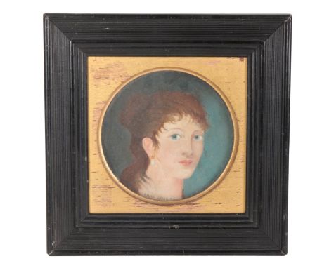 A PORTRAIT OF EMMA, LADY HAMILTON 13cm x 13cm, inscribed 'Emma Hamilton' to the bottom, in an ebonised and parcel-gilt frame