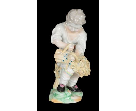 AN 18TH CENTURY DUESBURY &amp; CO DERBY PORCELAIN FIGURE - BOY BALING WHEAT SHEAVES 13.5cm high, patch marked base