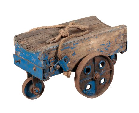 A VINTAGE FOUR WHEEL BARROW early 20th century, blue-painted with cast iron wheels, with joined ropes attached to each side f