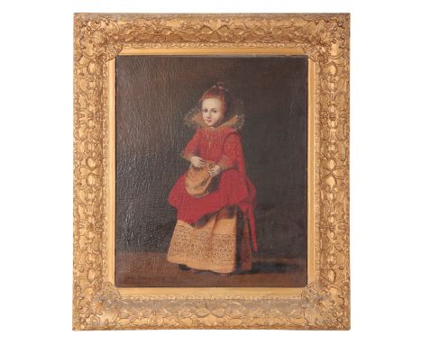 AFTER ADRIAAN HANNEMAN (1601-1671), PORTRAIT OF A SEATED GIRL depicted holding a bag, canvas 60cm x 49cm, bears signature and